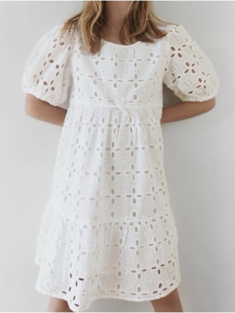 Girls' White Eyelet Dress - Puff Sleeve Summer Dress, size 10